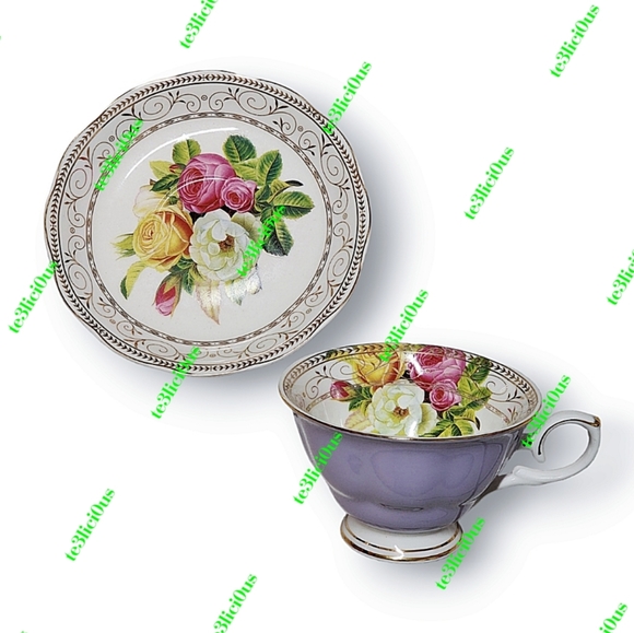 GRACE TEAWARE LAVENDER FLORAL ROSE GOLD TRIM FINE PORCELAIN TEACUP & SAUCER - Picture 2 of 15